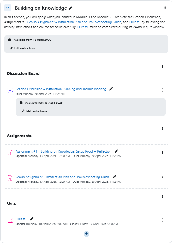 Building on Knowledge module contains Discussion Board, Graded Discussion, Assignment#1, Group Assignment and Quiz #1 