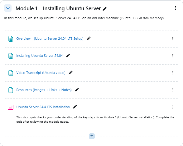 Student view of Module 1 showing the Ubuntu Server learning pages, resources, and practice quiz.